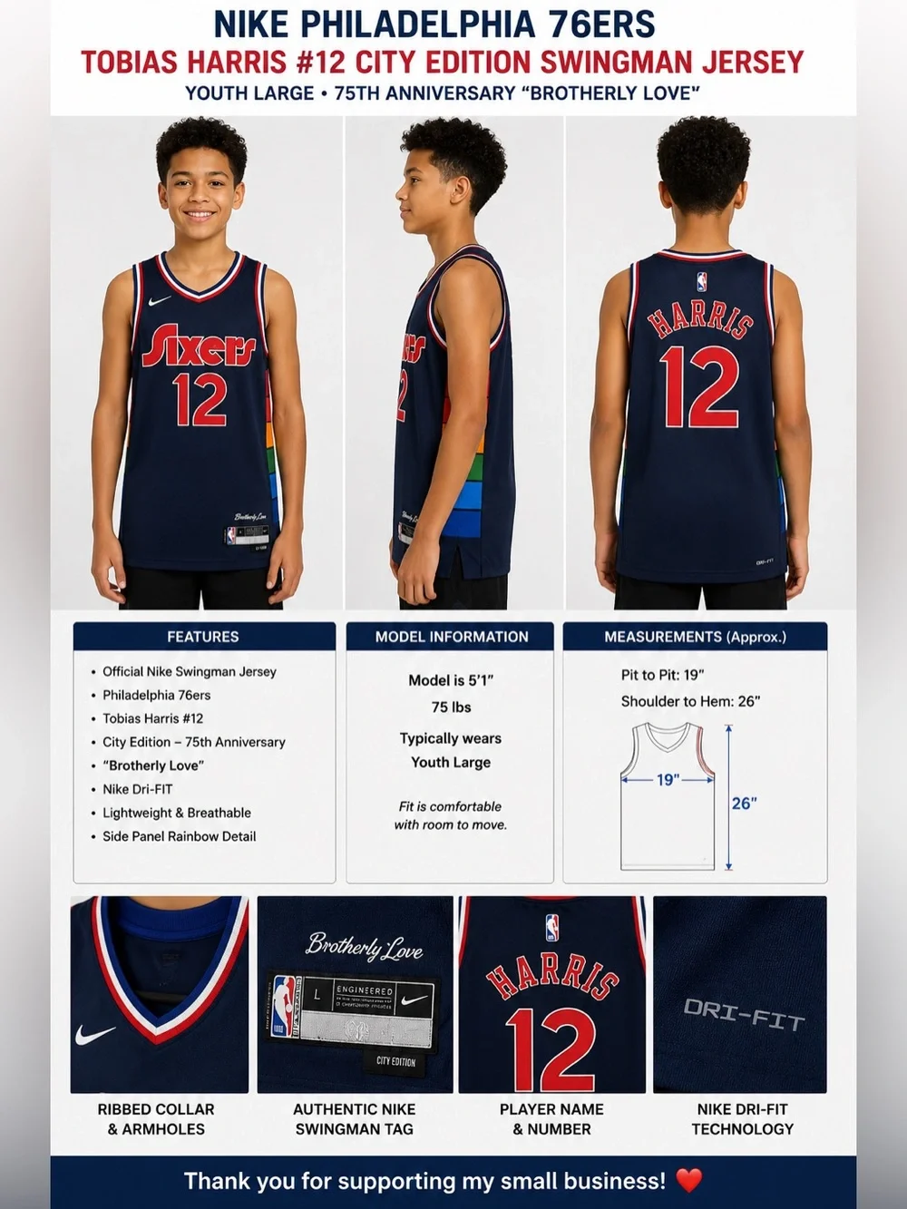 Nike Philadelphia 76ers Tobias Harris #12 City Edition Swingman Jersey Youth L